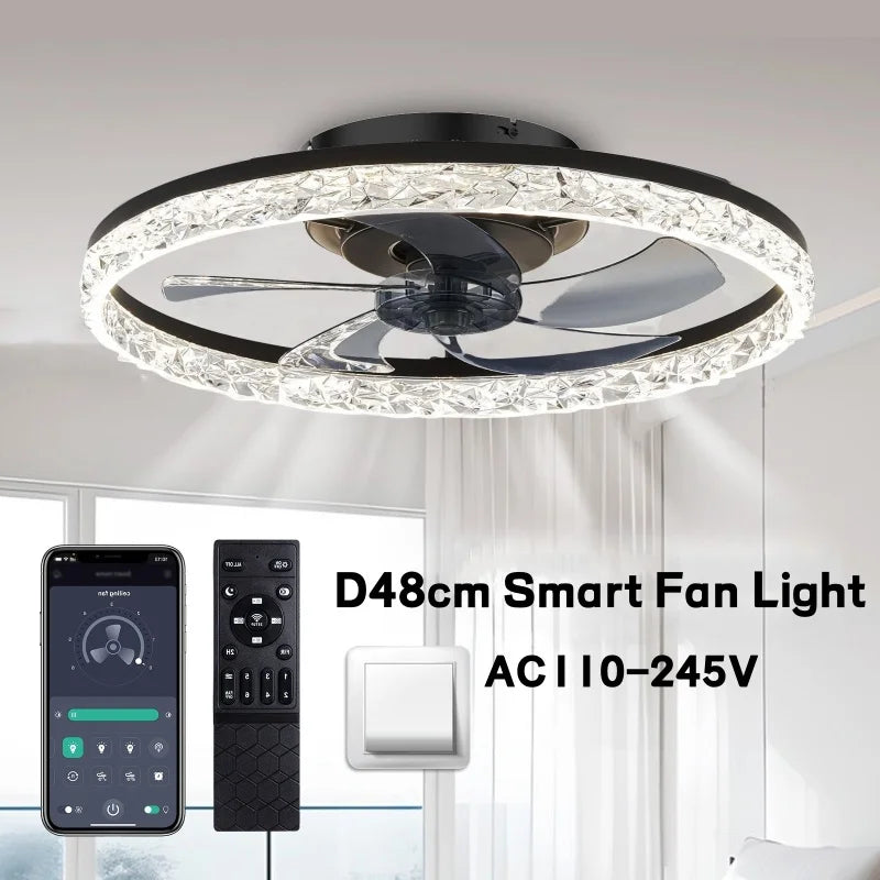 Modern 48cm black ceiling fan with crystal-effect LED light, remote control, and app connectivity.