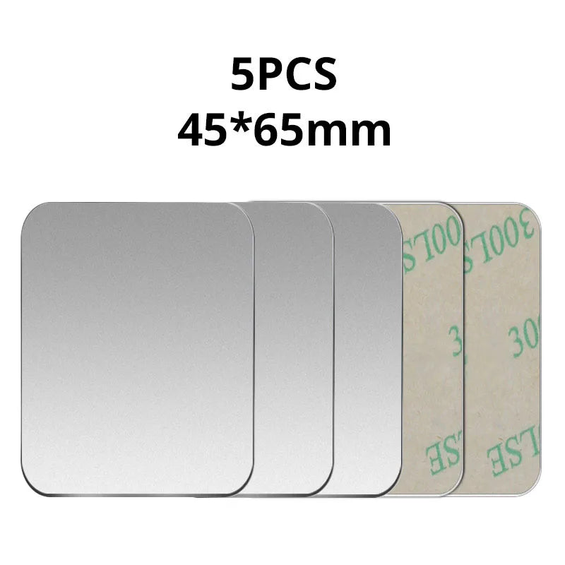 Five silver, rectangular adhesive metal plates (45x65mm) with rounded corners and peel-off backing.