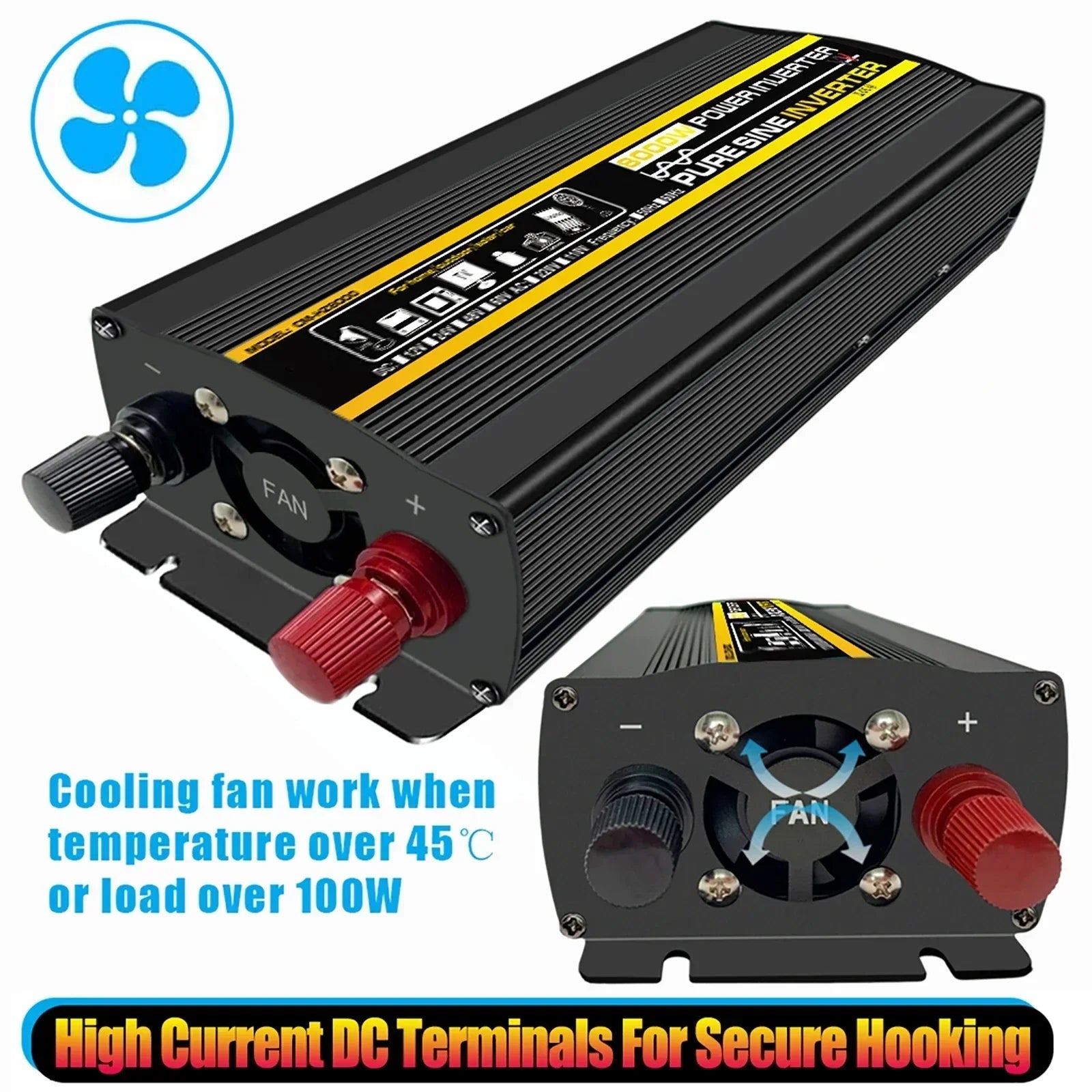 Black 12000W pure sine wave power inverter with cooling fan and red and black DC terminals for secure connection.