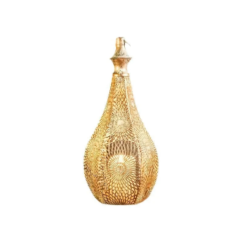 Gold Moroccan-style teardrop iron hanging lantern with intricate hollow starburst cutouts and a small top loop.