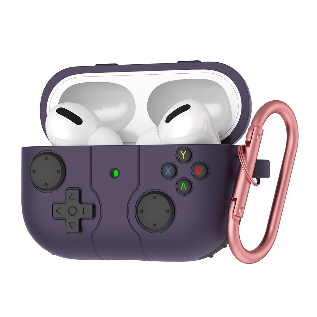 Purple silicone gaming controller-style case for AirPods Pro, featuring a rose gold carabiner clip.