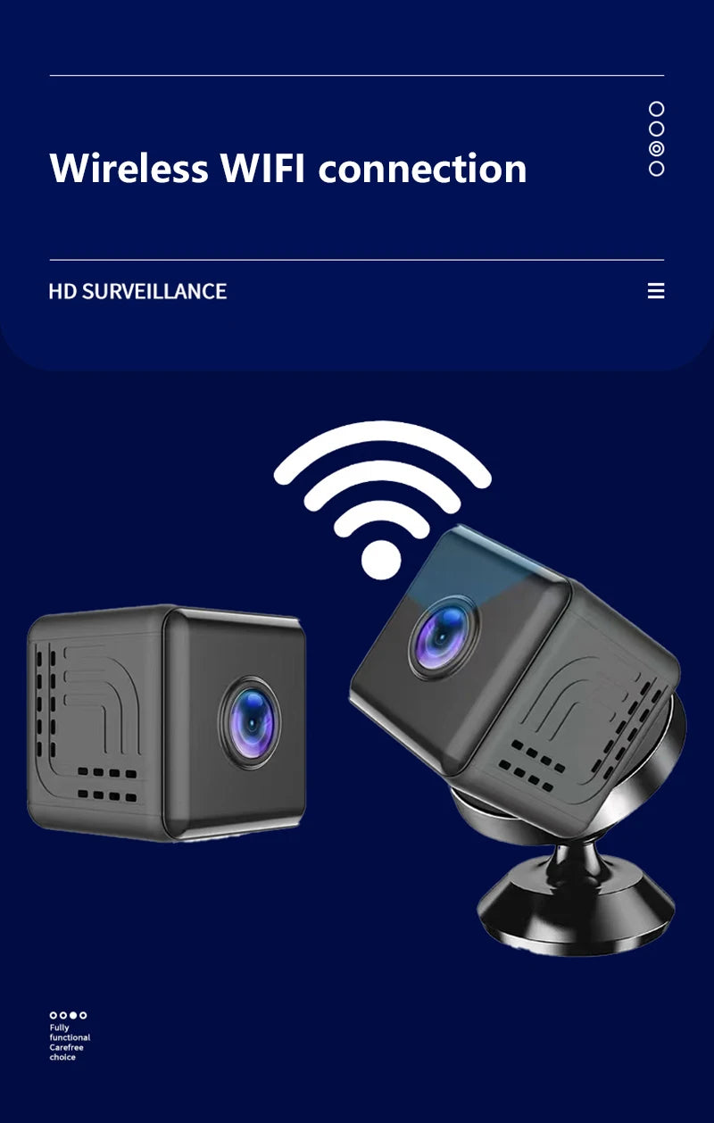 Two compact, matte black square security cameras with Wi-Fi connectivity on a blue background.