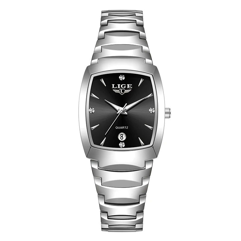 Ladies' silver-tone stainless steel quartz watch with a black dial, crystal hour markers and a date window.