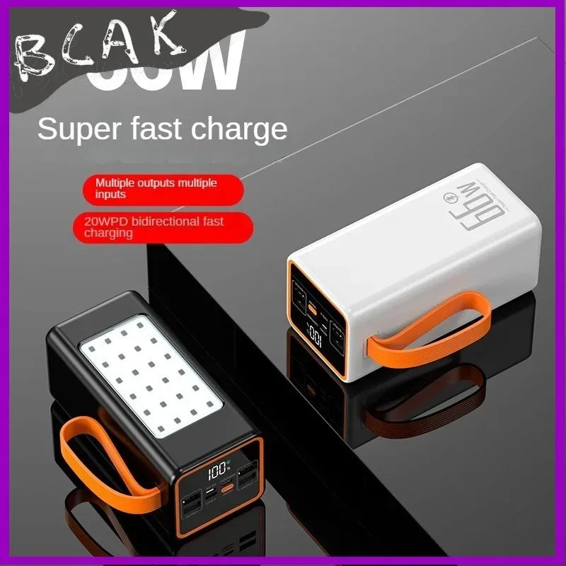 Black and white portable power banks featuring orange carry straps, LED digital displays, and integrated LED light panels.