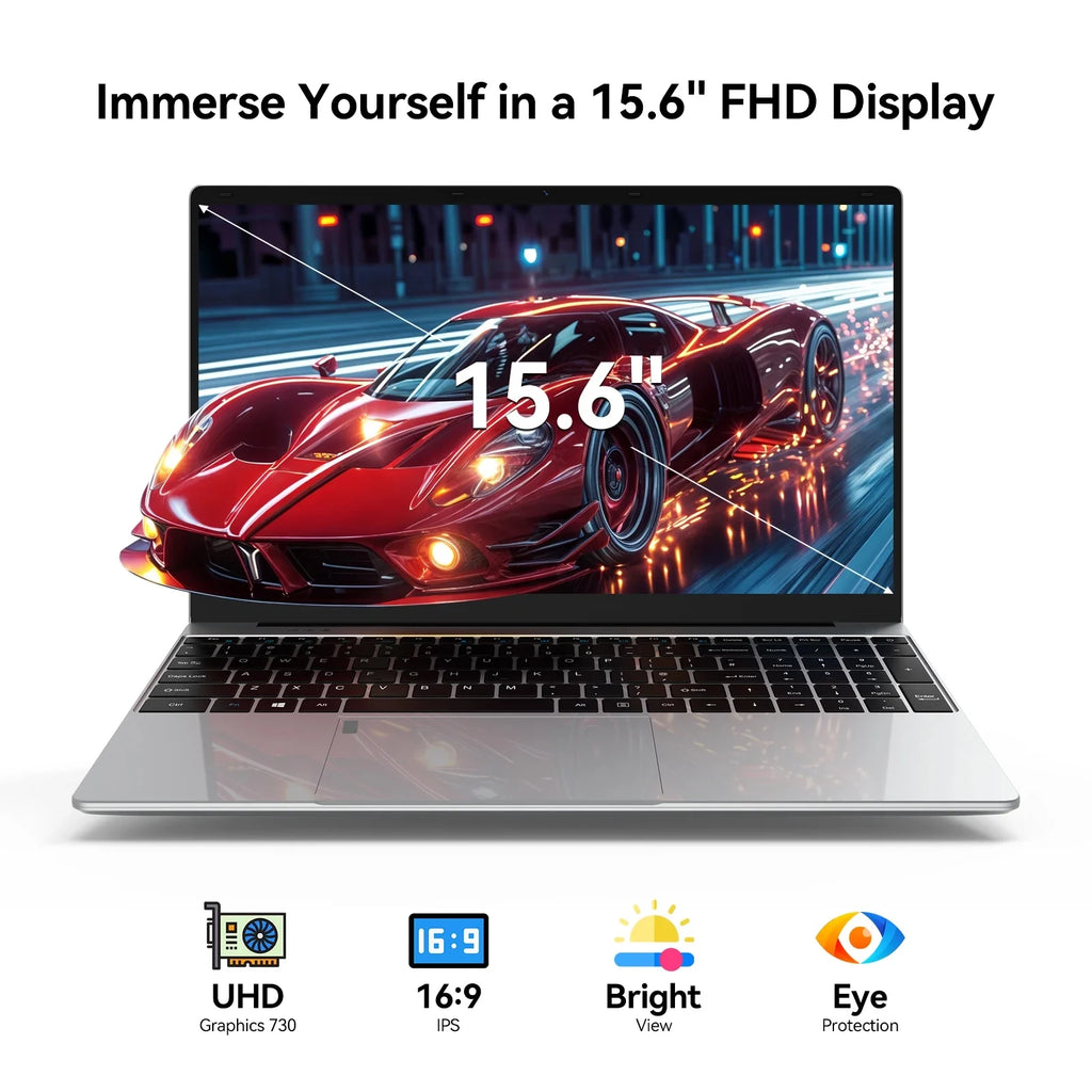 Sleek silver 15.6-inch laptop with a vibrant sports car display, black keyboard, and icons highlighting visual features.