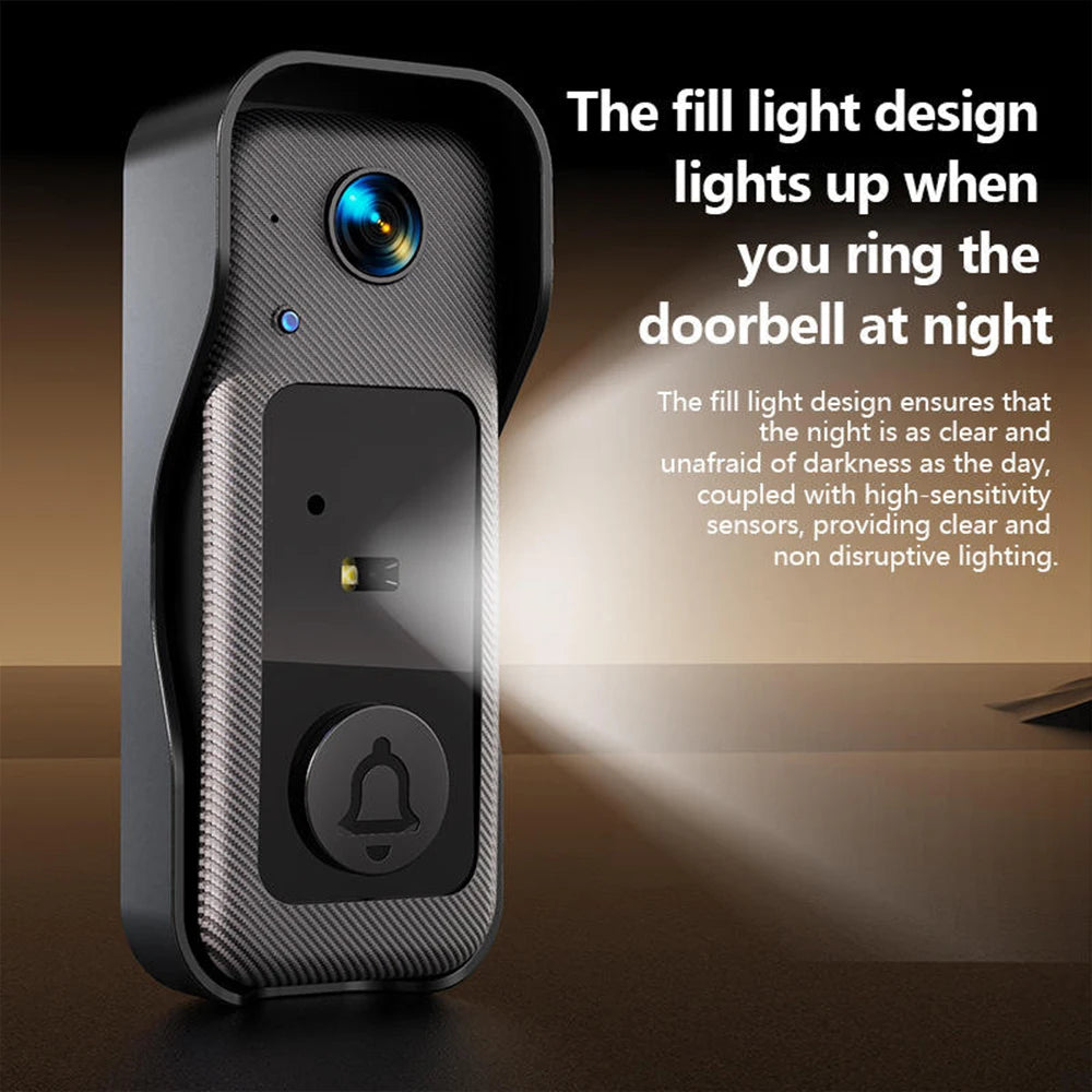 Modern black smart video doorbell with a carbon-fibre effect finish, integrated camera lens, and bright night fill-light.