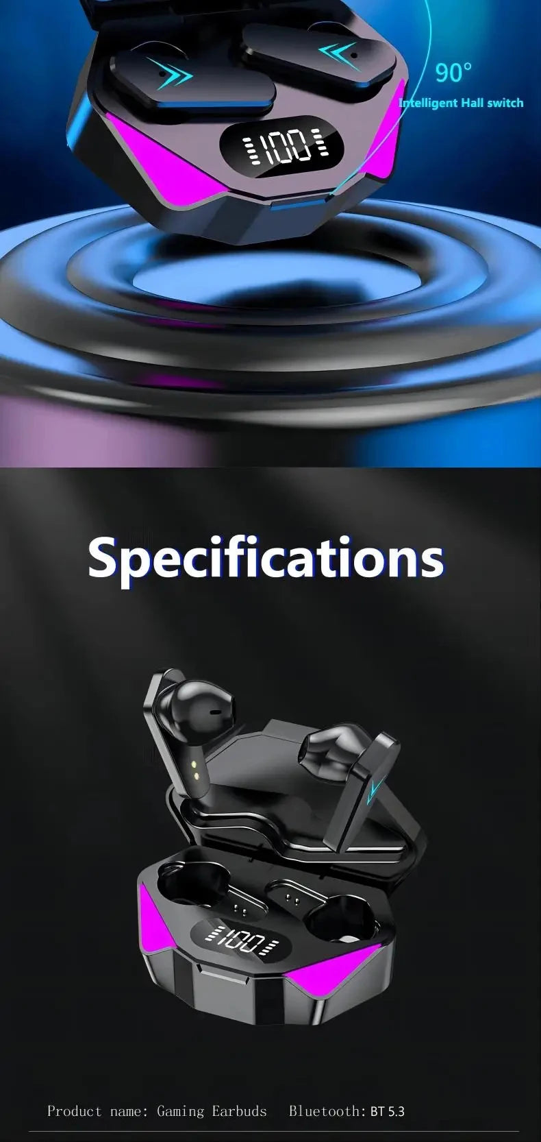 Black gaming earbuds in a charging case with a digital battery display and neon purple accent lighting.