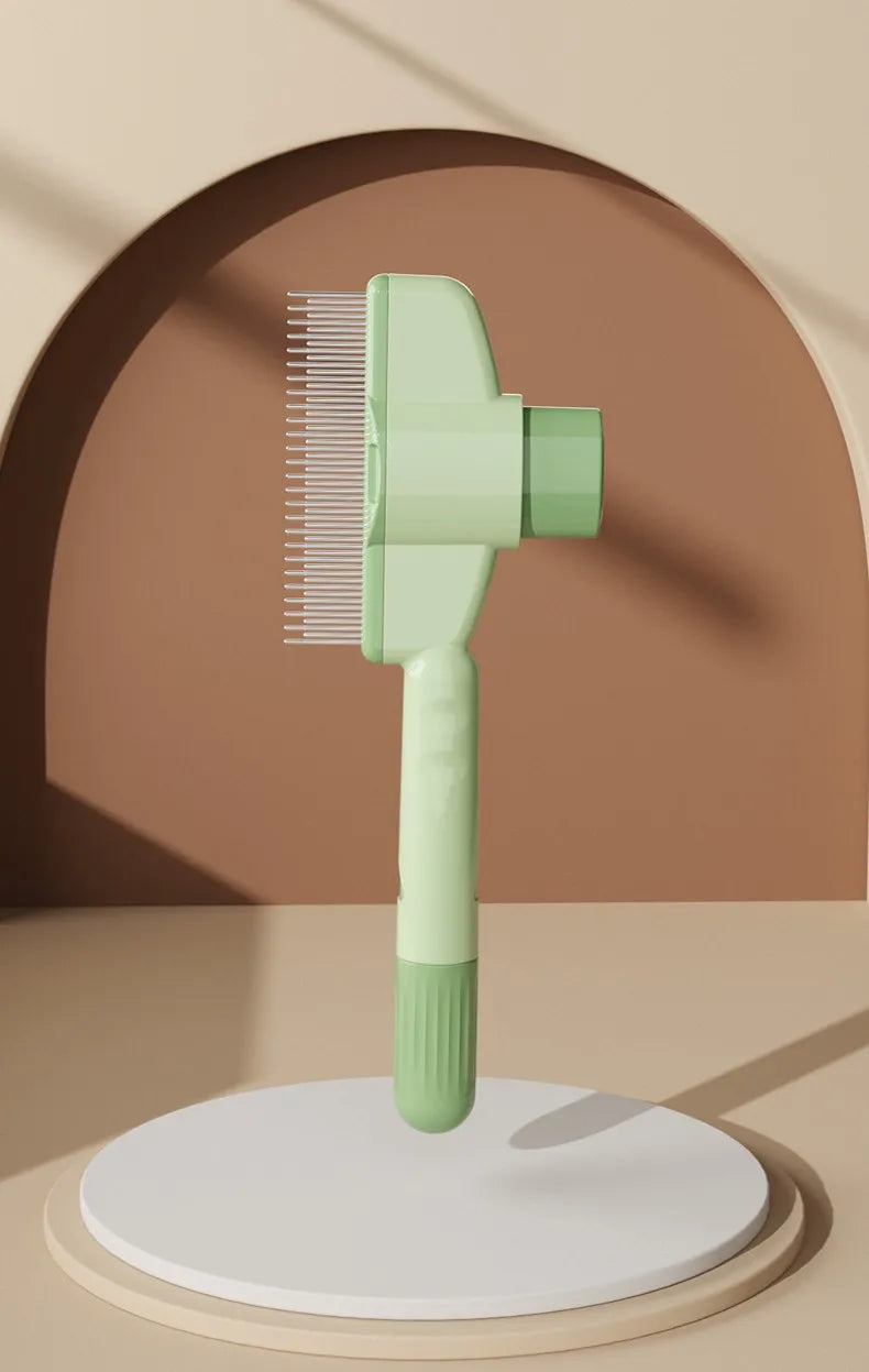 Sage green pet grooming slicker brush with metal bristles and a textured handle, set against a brown arch background.