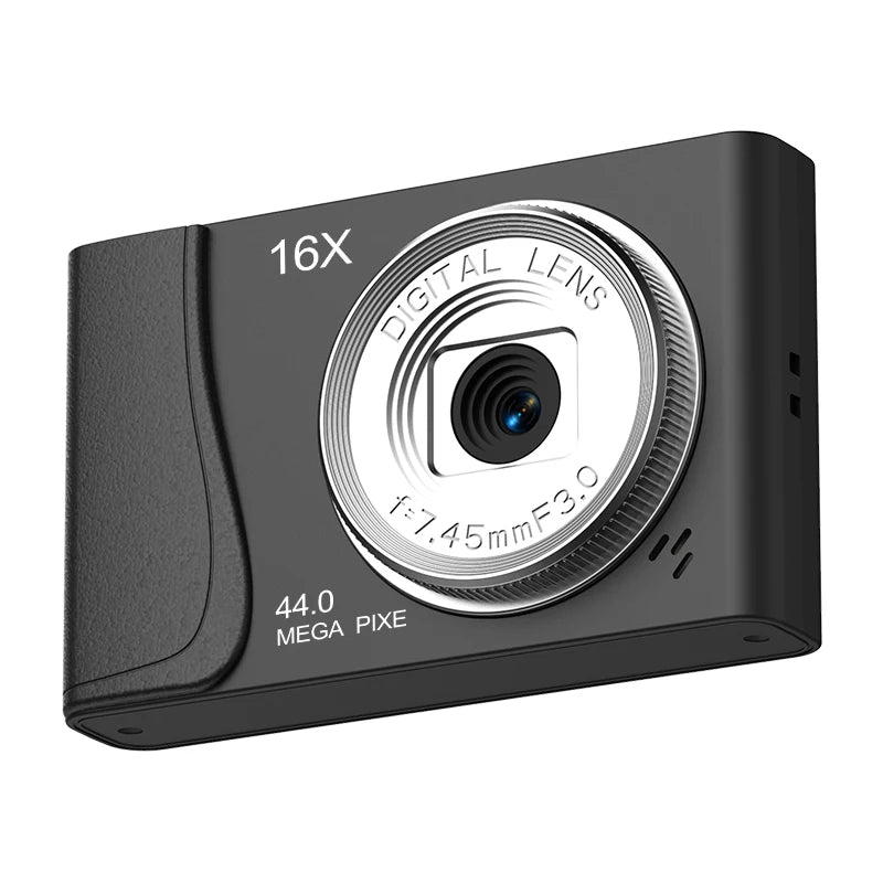 Black plastic digital camera with silver lens, marked 16X zoom and 44.0 megapixels.