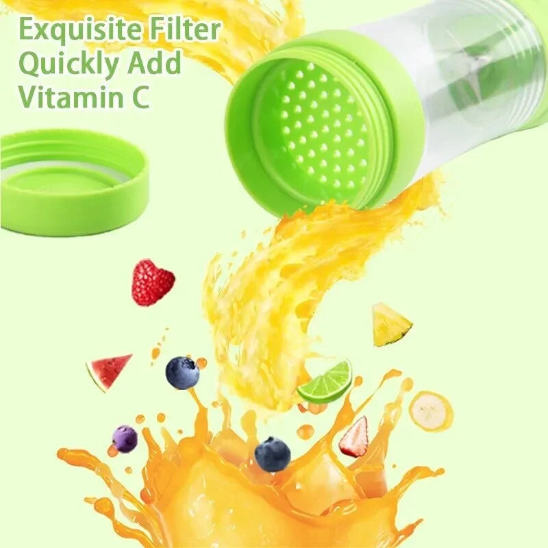 A lime green fruit infuser water bottle with a strainer, surrounded by splashes of juice and fresh fruit pieces.