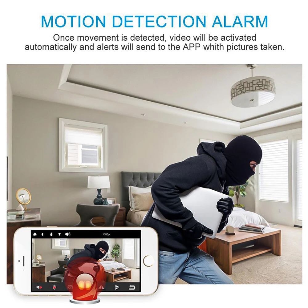 White smartphone showing a motion detection security app interface with a live feed of an intruder.