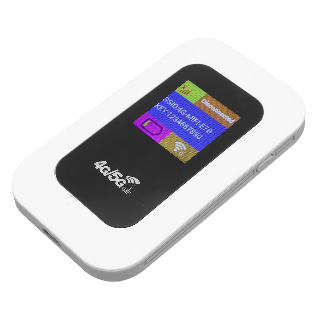 White, portable 4G wireless WiFi hotspot device with a black centre, a digital display screen, and side buttons.