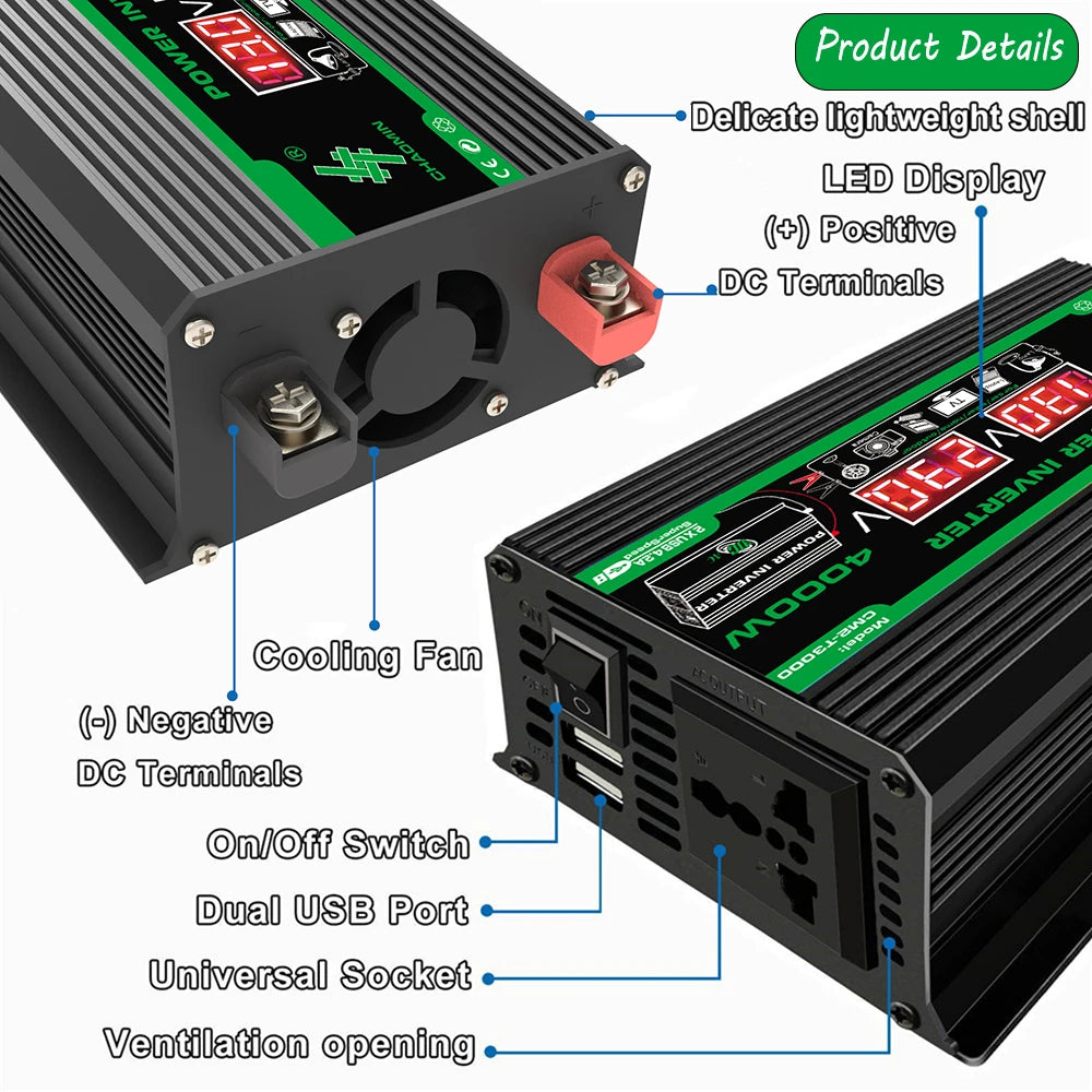 Black 400W portable power inverter with LED display, cooling fan, dual USB ports, and universal AC socket.