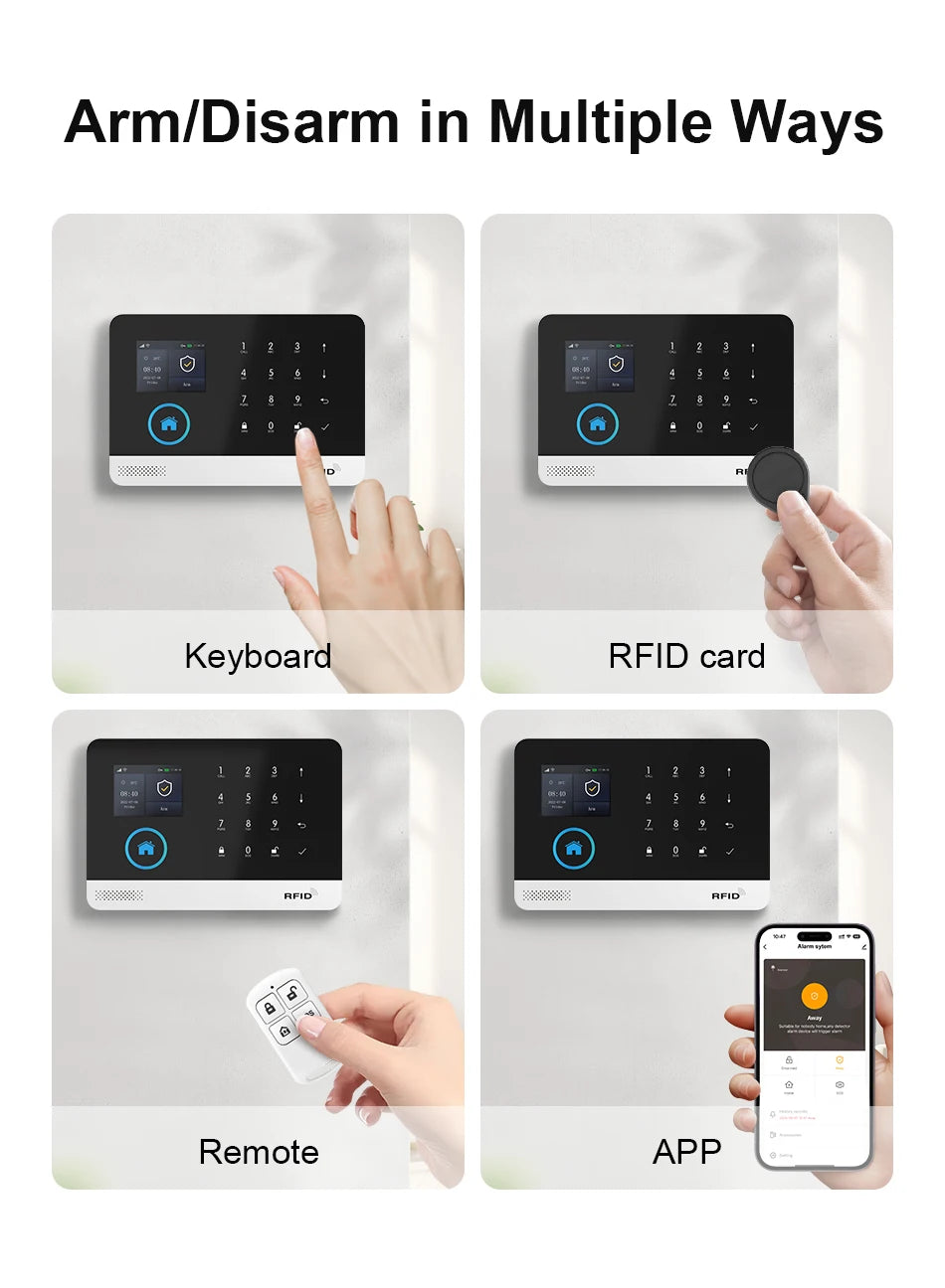 A smart home alarm panel showing four ways to arm: touchscreen, RFID card, remote control, and mobile app.