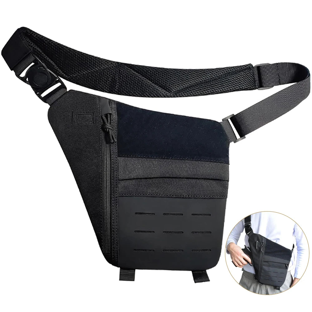 Black tactical crossbody sling bag with adjustable strap, zipped compartment, and MOLLE-style front panel.