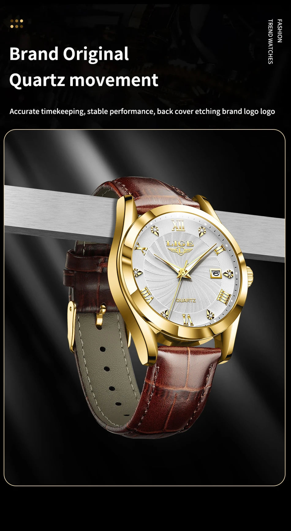 Elegant quartz watch with a gold-tone case, white dial, and brown croc-effect leather strap.