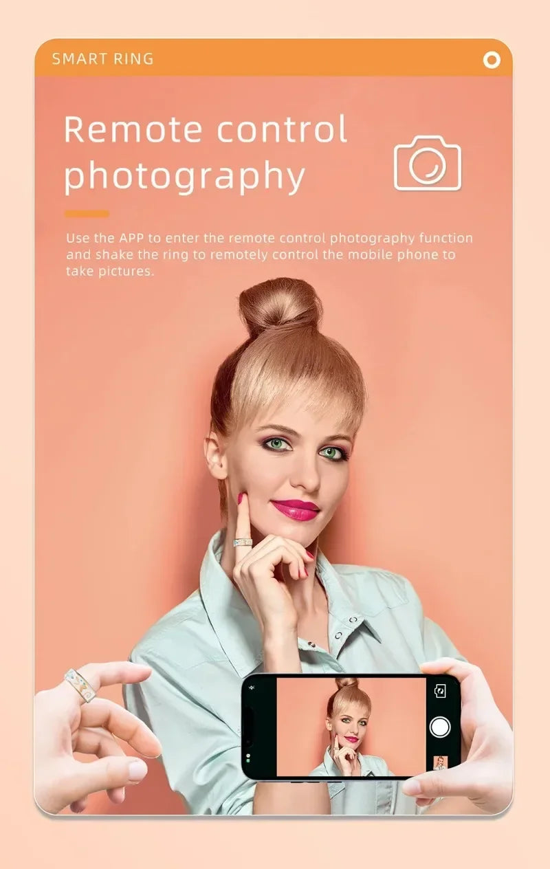 Woman using a sleek silver smart health ring to remotely control a smartphone camera for photography.