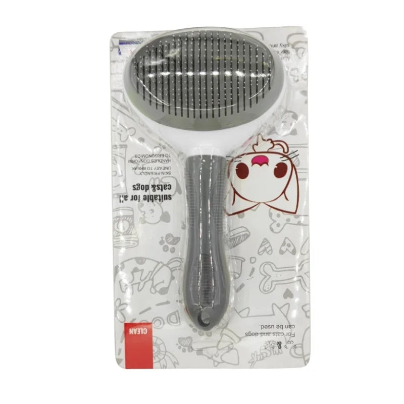 Grey and white self-cleaning pet slicker brush for cats and dogs, in its original illustrated retail packaging.