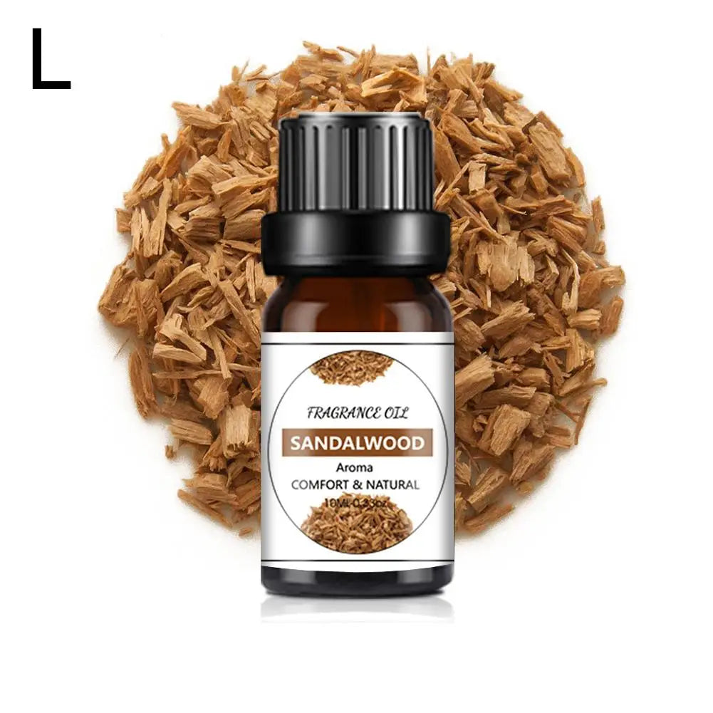 10ml amber glass bottle of Sandalwood fragrance oil, displayed on a bed of natural wood shavings.