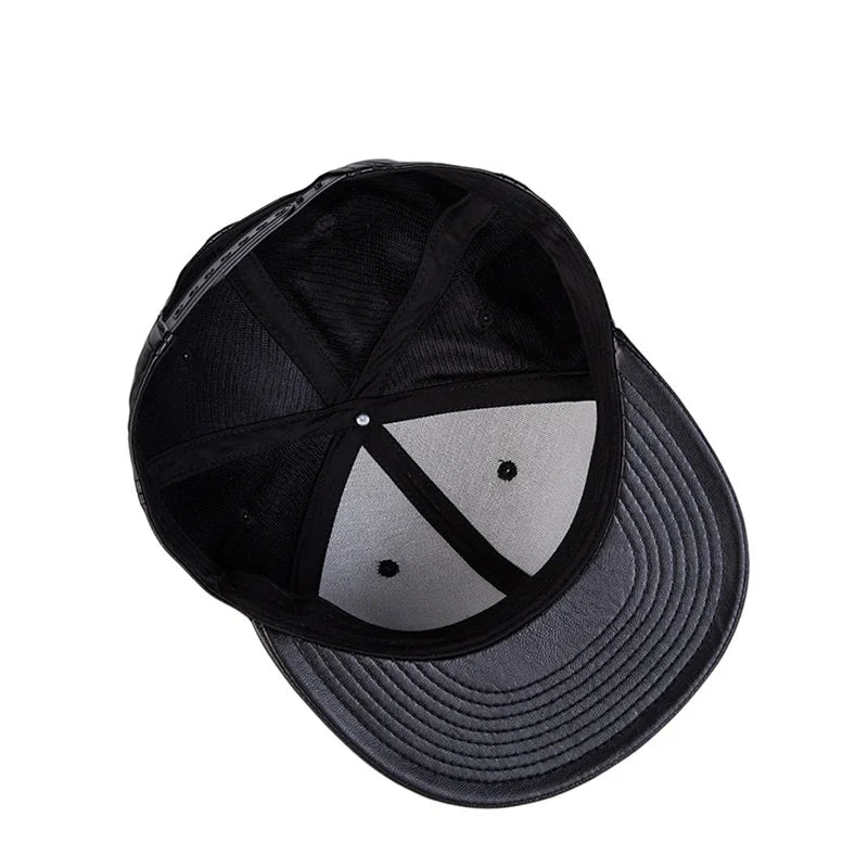 Internal view of a black men's flat brim cap featuring a structured crown, stitched panels, and a snapback strap.