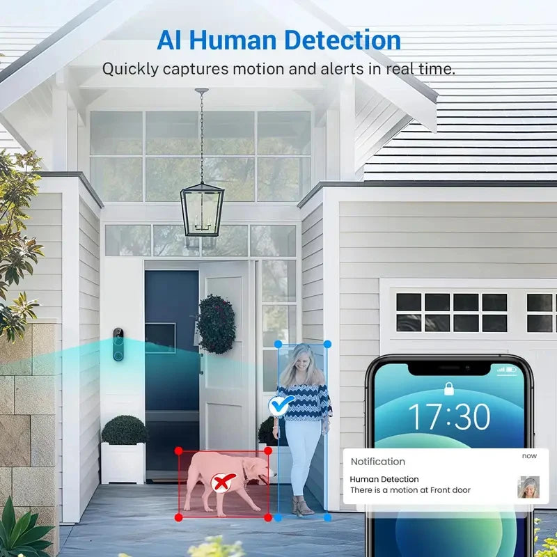 Sleek, black wireless video doorbell mounted by a front door, showing AI human detection on a smartphone screen.