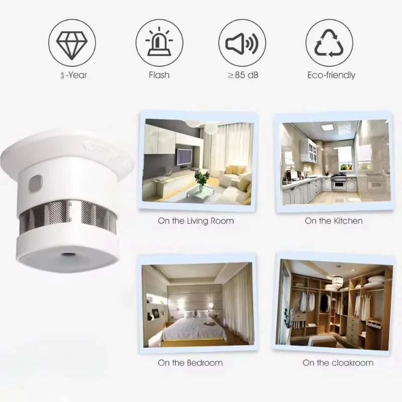 White smart smoke detector with a metal mesh sensor, featuring 85dB alarm, flash alert, and room application examples.