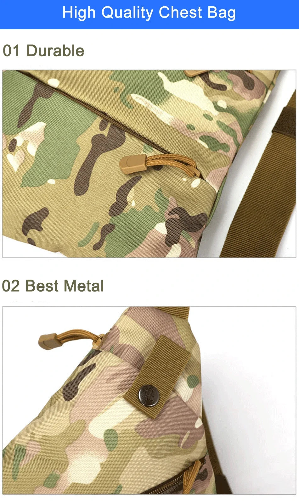 Close-up of a camouflage-print anti-theft sling bag featuring durable fabric, zip pulls, and metal stud detailing.