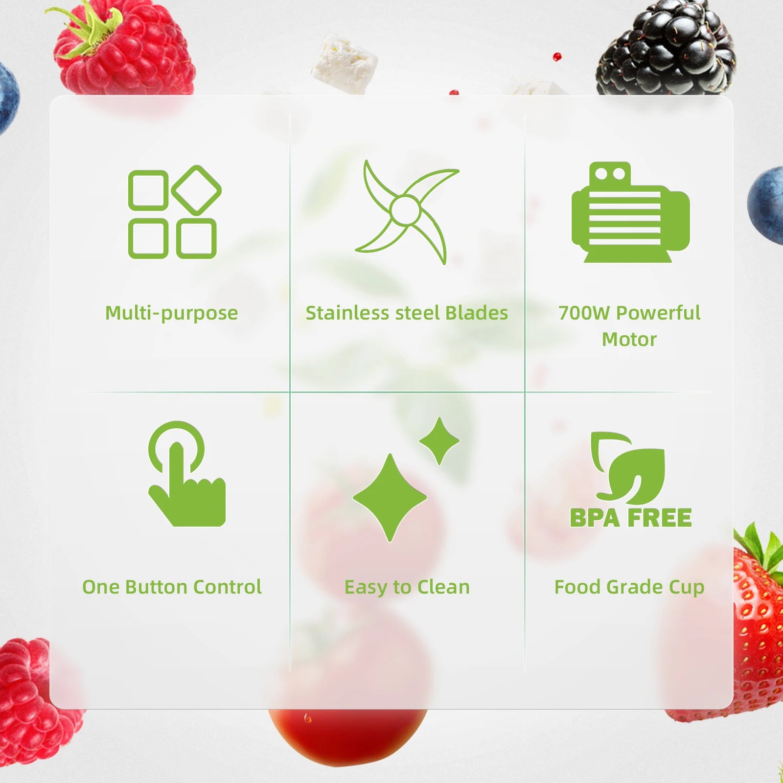 Infographic showing green icons and text detailing features of a kitchen blender, surrounded by fresh berries.