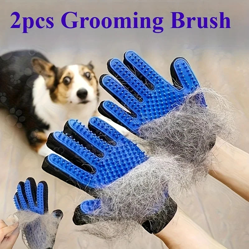 Two blue silicone pet grooming gloves with rubber tips, shown collecting loose fur, with a dog in the background.