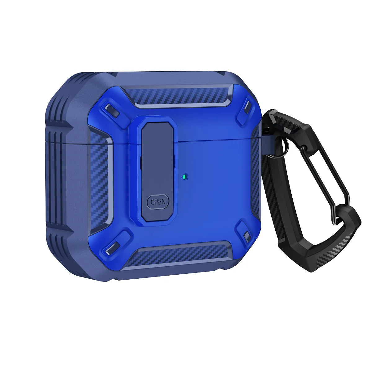 Rugged blue protective case for AirPods with carbon fibre detail and black carabiner.
