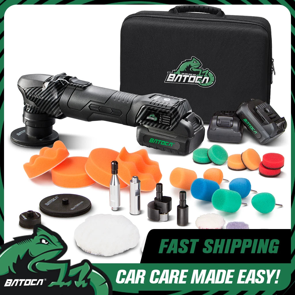 BATOCA S4 cordless car polisher kit in black and carbon fiber with dual batteries, storage case, and various pads.