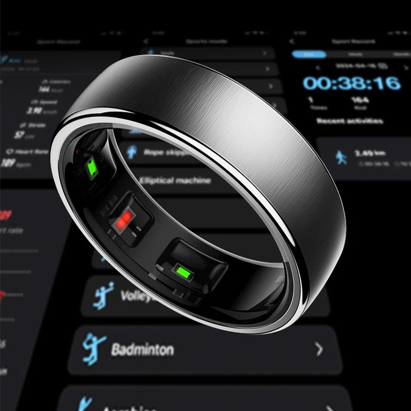 Sleek, brushed-metal smart fitness ring with interior health-tracking sensors, set against a digital activity app screen.