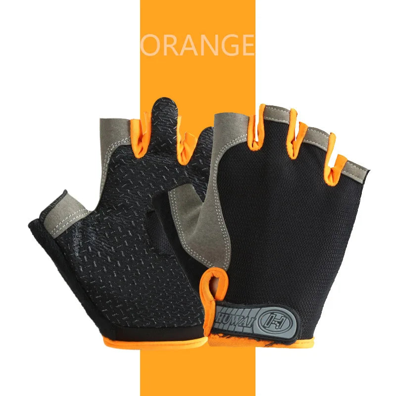 Pair of fingerless cycling gloves in black, grey, and bright orange with a textured palm and Velcro wrist strap.