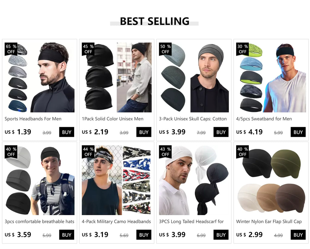 A grid of various men’s sports headwear including skull caps, sweatbands, headscarves, and ear-flap hats in many colours.