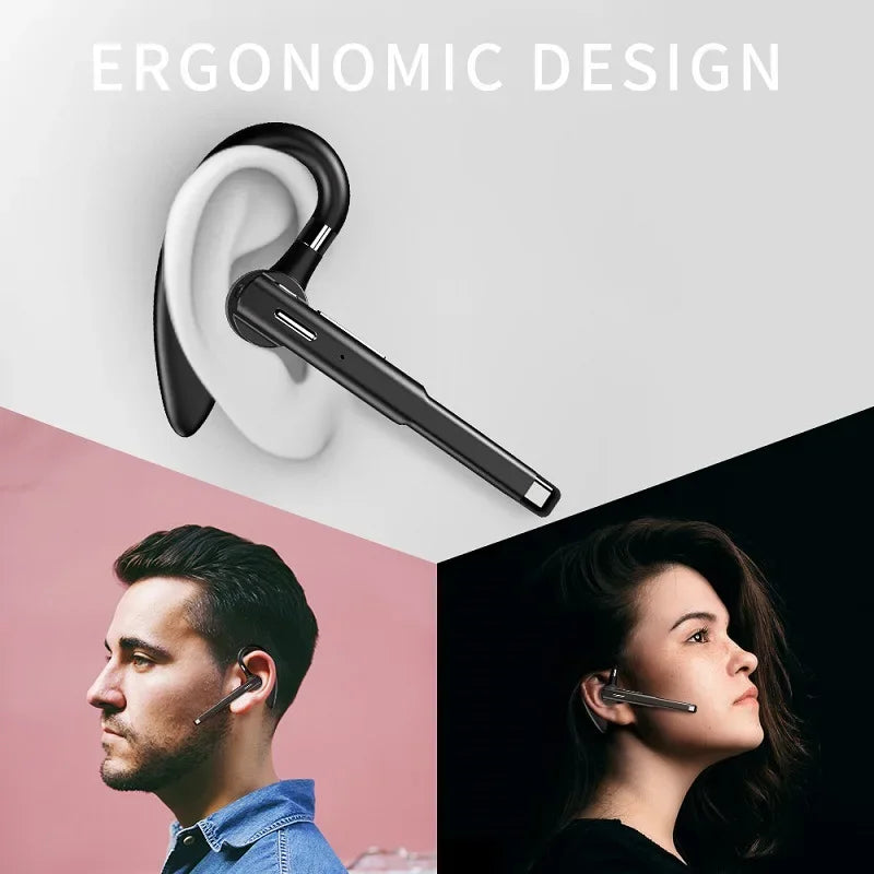 Sleek black wireless Bluetooth headset with an ergonomic over-ear hook design, suitable for men and women.