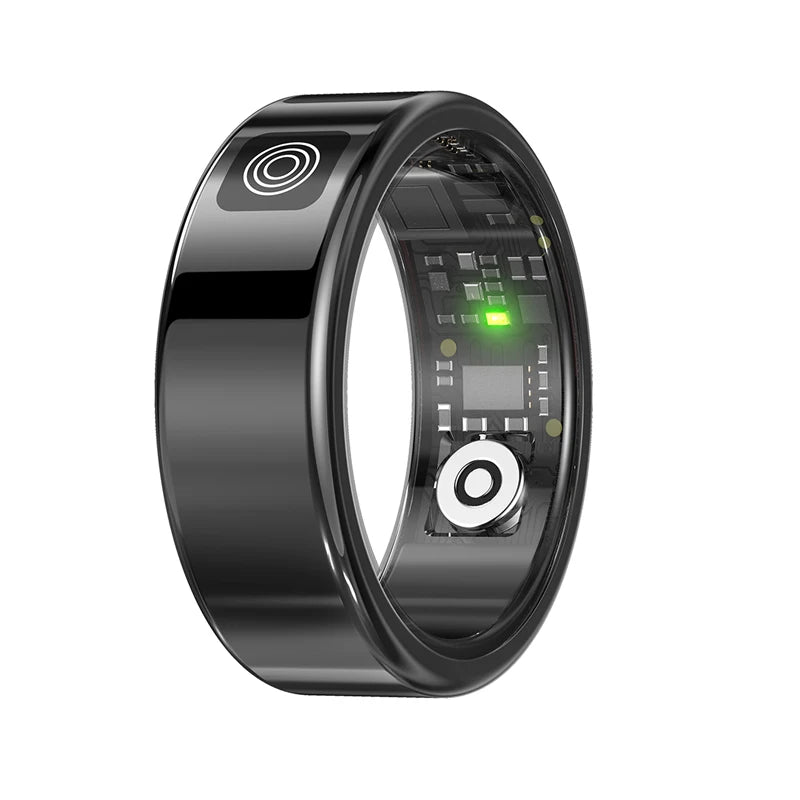 Sleek, glossy black smart fitness ring showing the inner electronic sensors, circuitry, and a glowing green LED light.