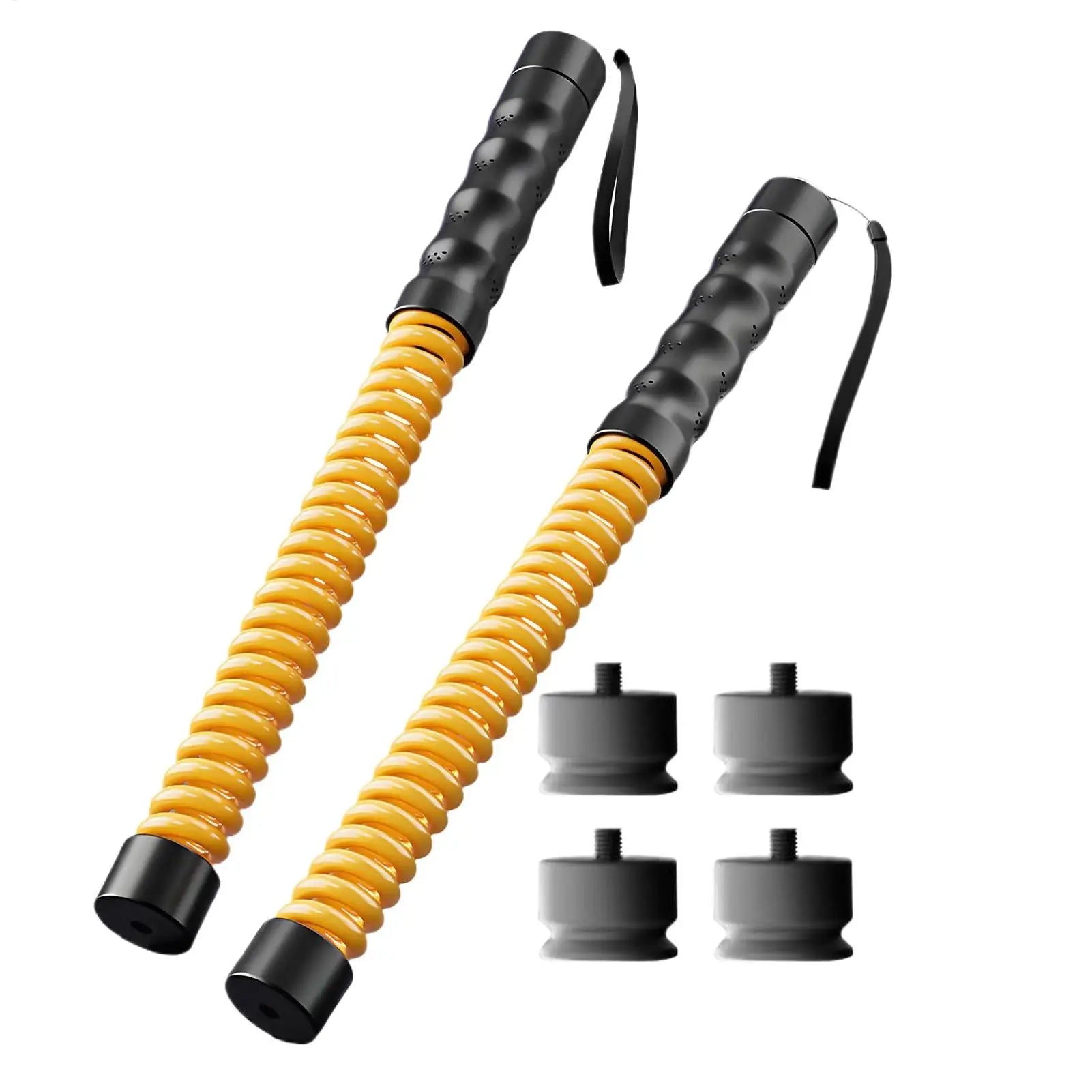 Two weighted fitness training bars with yellow coil springs, black ergonomic grips, wrist straps, and screw-on weights.