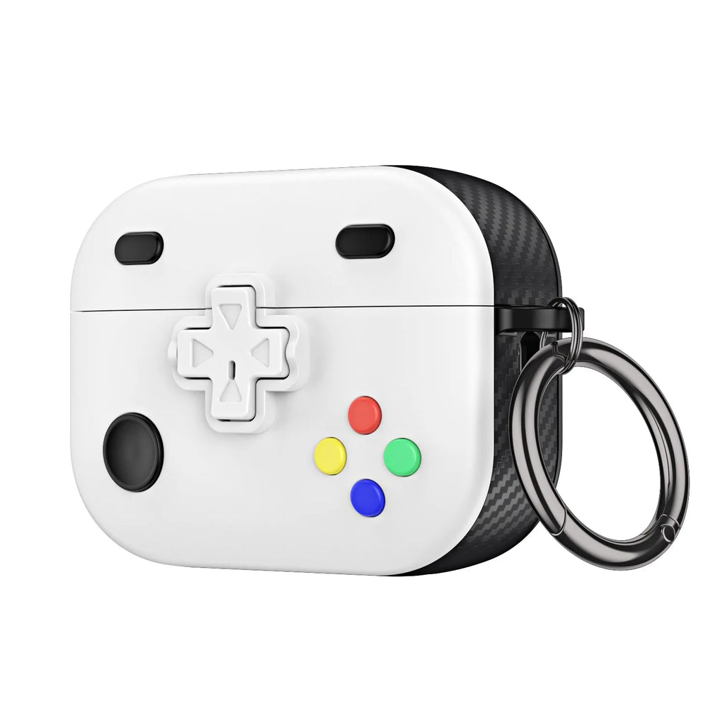 Retro gaming-style white AirPods Pro case with carbon fibre sides, colourful buttons, and a metal keyring.