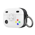 Retro gaming-style white AirPods Pro case with carbon fibre sides, colourful buttons, and a metal keyring.