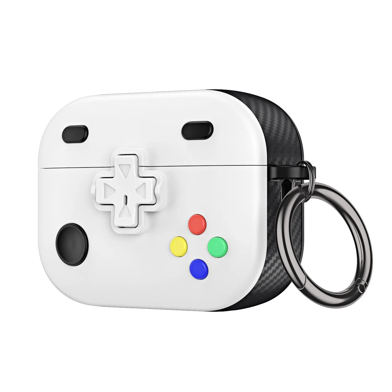 Retro gaming-style white AirPods Pro case with carbon fibre sides, colourful buttons, and a metal keyring.