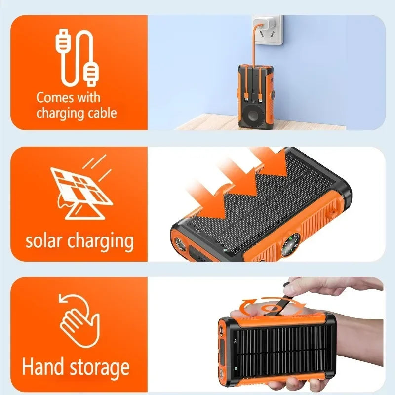 Orange and black 20000mAh solar power bank, featuring magnetic wireless charging, built-in cable, and a handy carry strap.