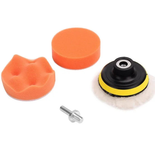 Car polishing kit with two orange foam pads, a wool buffing pad, a backing plate, and a drill adapter.