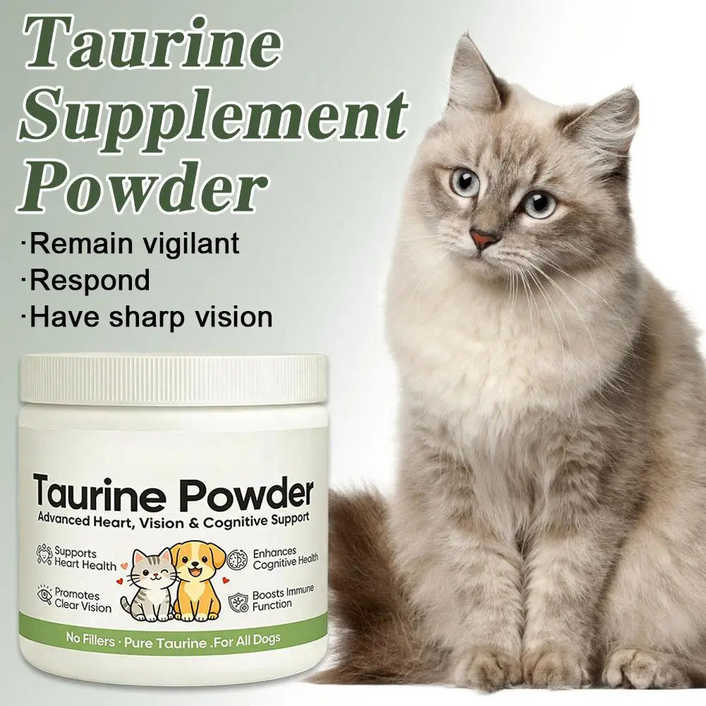 White tub of taurine powder supplement for dogs and cats with icons showing benefits for heart, vision, and immunity.