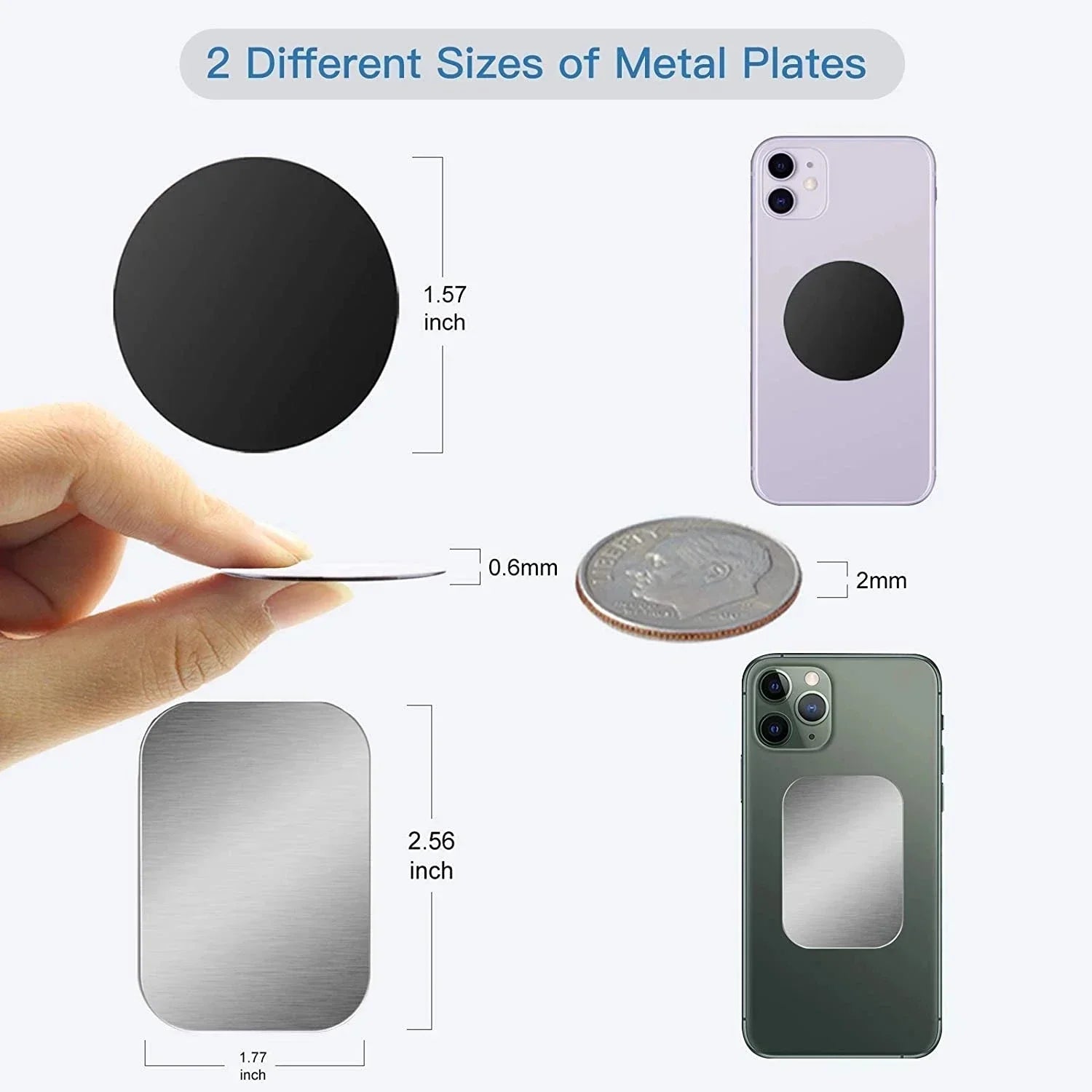 Two sizes of adhesive metal plates, round black and rectangular silver, shown with smartphones for scale and thickness.