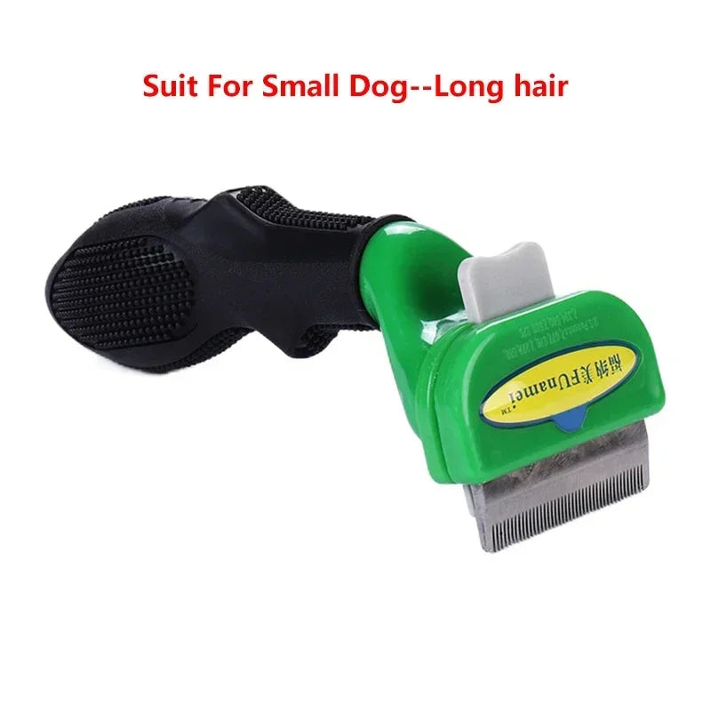 Green and black de-shedding grooming tool for small long-haired dogs with a comfortable rubber-grip handle.