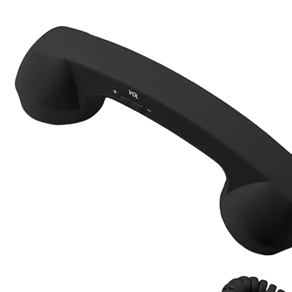 Matte black retro-style telephone handset with integrated volume control buttons and a coiled cord.