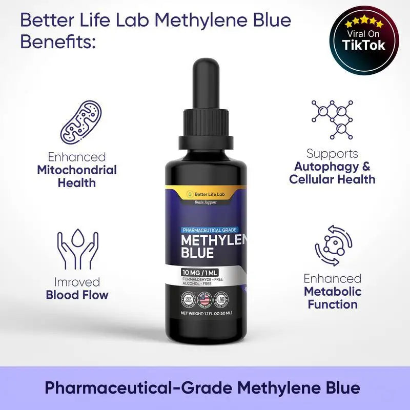 Pharmaceutical-grade Methylene Blue liquid in a 50ml dropper bottle with benefits for cellular health and blood flow.