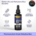 Pharmaceutical-grade Methylene Blue liquid in a 50ml dropper bottle with benefits for cellular health and blood flow.
