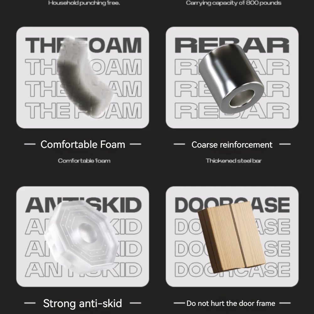 Four product component graphics: grey foam, silver metal ring, clear rubber pad, and wood-effect door frame protector.