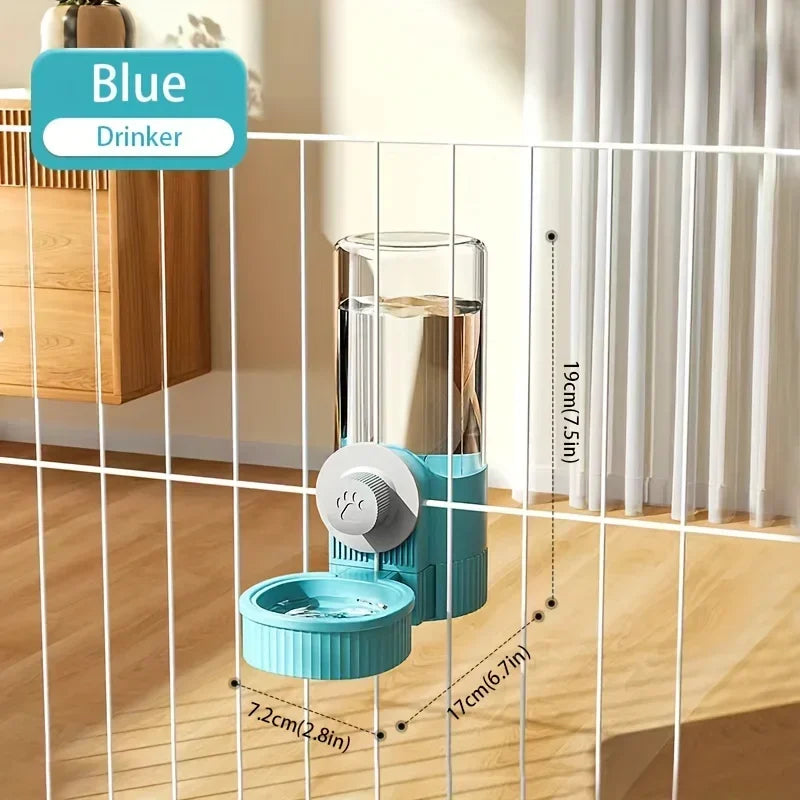 Blue cage-mounted pet water dispenser with a clear reservoir, round bowl, and paw-print adjustment knob.